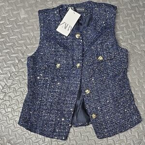 Zara Navy Tweed Vest with Metallic Accents